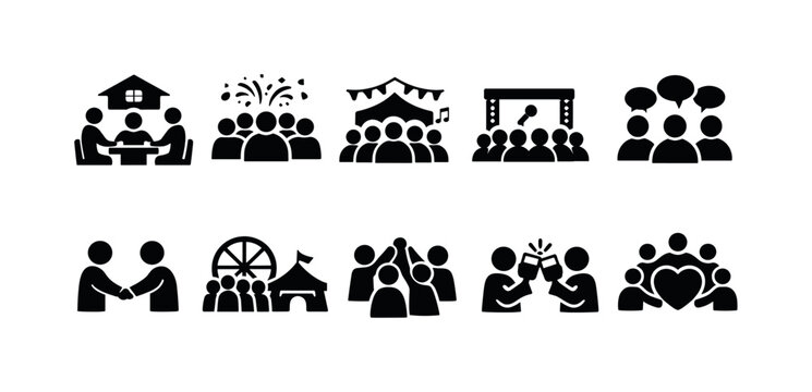 Collection of diverse group activity icons representing community and celebration
