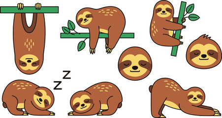Fototapeta premium Cute Sloth Animal Icon Set with Sleeping Hanging Climbing and Relaxing Poses for Wildlife Cartoon Character Illustration and Adorable Nature Design Collection