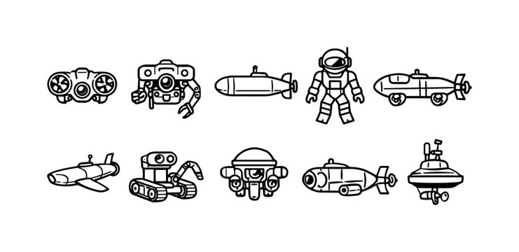 Collection of cartoon-style vehicles and robots in a simple line art style