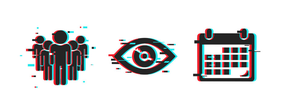 Group, visibility and calendar icons indicating schedule review. Glitch effect