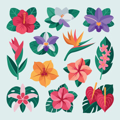 Obraz premium Tropical flowers flat icon set isolated on white background. Exotic plant, hibiscus, orchid jungle pattern. Tropic strelitzia plumeria leaf, anthurium logo. Hawaii beach party poster, summer wedding n