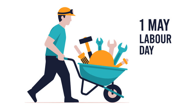 Labor Day Celebration: A graphic image for Labour Day shows a worker with a wheelbarrow filled with tools, the image shows the spirit of hard work and dedication.