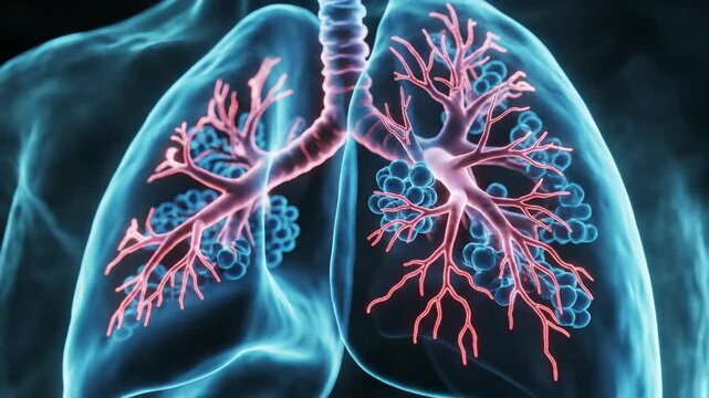 Anatomical illustration of human lungs, highlighting the respiratory system in detail.