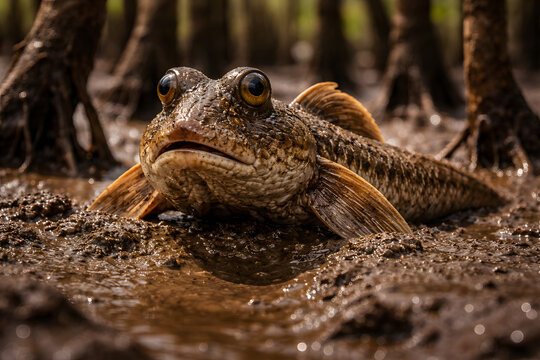 Mudskipper Fish in Mangrove Forest Close Up, Amphibious Wildlife on Mud &ndash; High Detail Nature Photography