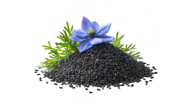 Nigella sativa seeds and flower isolated on transparent background