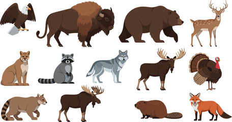 Obraz premium Wild Animal Character Set with Bears, Eagles, Deer, Foxes, and Other Forest Creatures for Nature, Wildlife, and Educational Designs