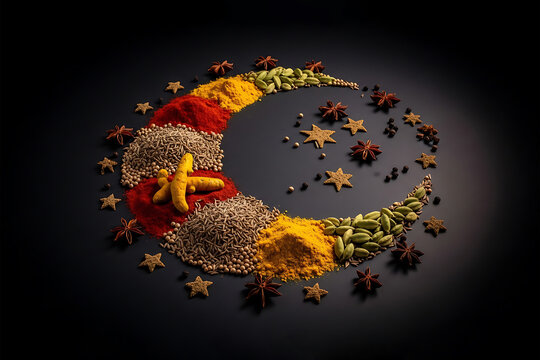 A collection of spices and herbs arranged in a crescent moon shape