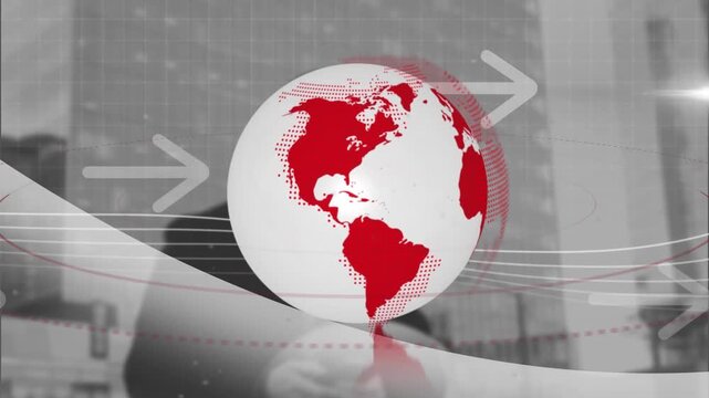 Animation of globe and arrows over businessman in city