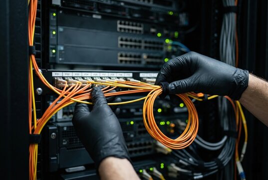 Network Engineer Hands Carefully Routing Orange Fiber Optic Cables in 42U Server Rack for Enterprise Data Center Infrastructure Installation