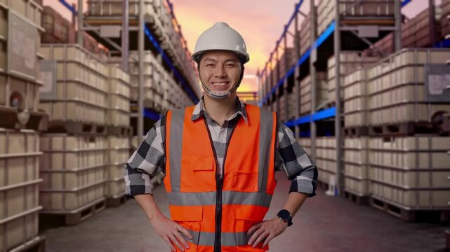 Asian Male Engineer Wearing Safety Helmet Smiling To Camera While Standing With Arms Akimbo at Warehouse with Containers and Barrels