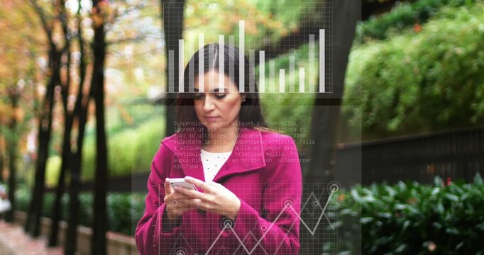 Animation of digital icons over businesswoman using laptop