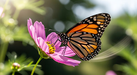 Obraz premium Monarch Butterfly on Pink Flower in Sunlit Garden