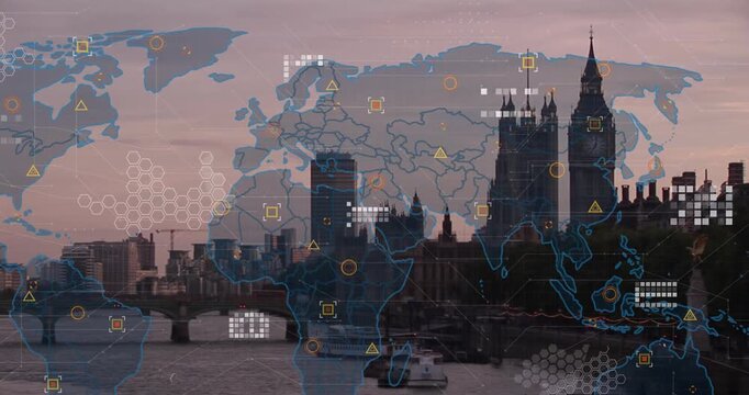 Animation of world map and data processing over london cityscape