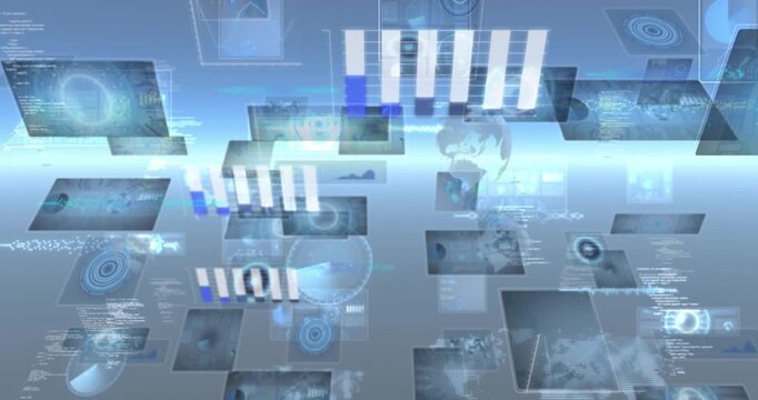 Animation of screens with data processing against glowing light trails against blue background