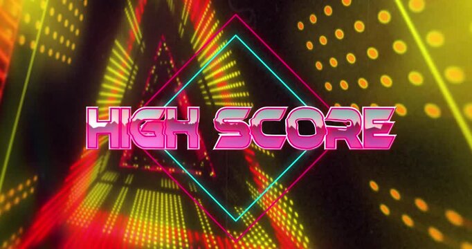 Animation of high score text banner against neon abstract shapes in seamless pattern