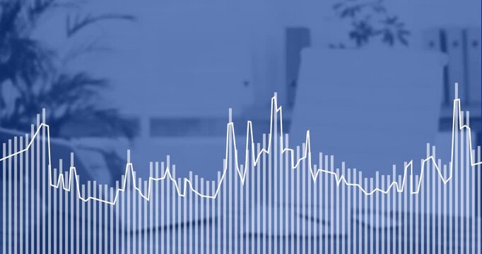 Animation of multiple graphs over unoccupied chair and laptop on desk in office