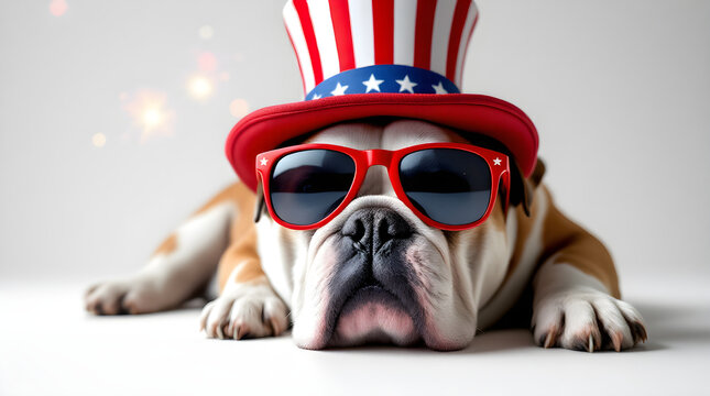 Bulldog wearing patriotic hat and sunglasses