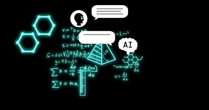Animation of ai text and scientific data processing over black background