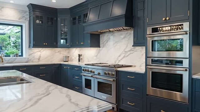 Luxurious modern kitchen interior with elegant navy blue custom cabinetry, white marble countertops, and stainless steel appliances.