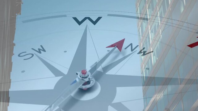 Compass pointing northwest with TRAVEL text animation over city buildings