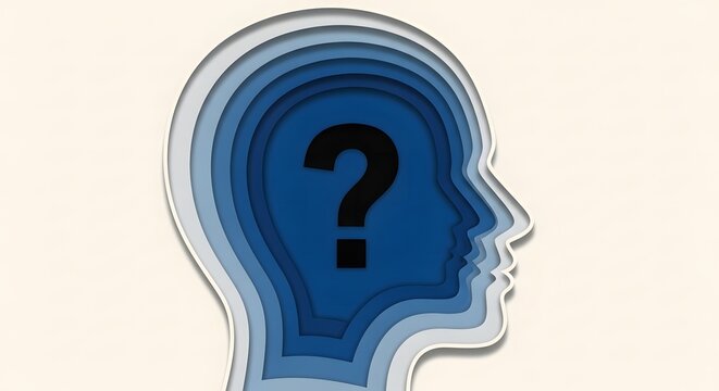 A blue silhouette of a human head with a question mark