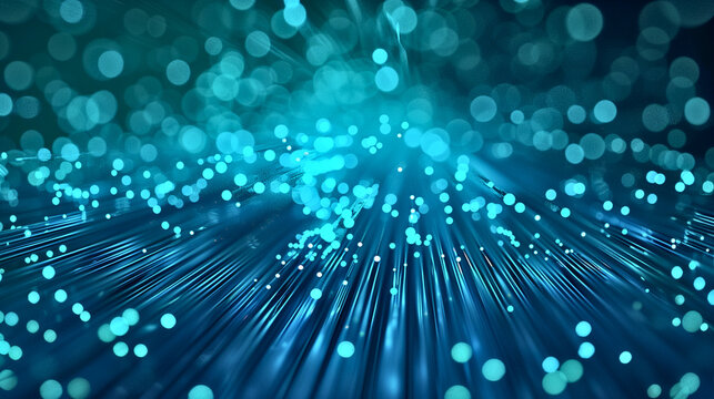 Glowing blue data particles flowing in perspective lines. Abstract digital information stream background. Futuristic technology concept for AI, big data, and analytics