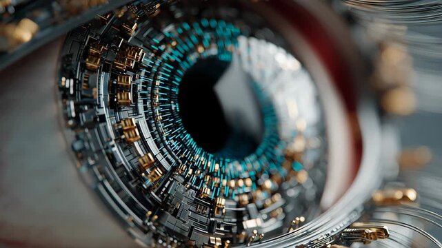 Artificial intelligence and surveillance A close-up shot reveals a robotic eye with intricate circuitry and metallic details representing futuristic technology.
