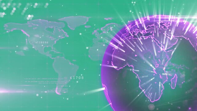 Flat map opening, purple globe sliding in, rotating pulsing lights, rings expanding forming network