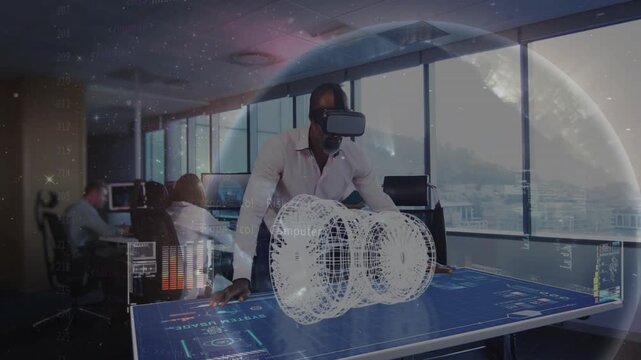 Man wearing VR headset touching table activating cylinder shaping globe showing cyber threats