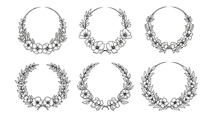 Fototapeta premium Floral wreaths and garlands a collection of botanical circular designs in black and white
