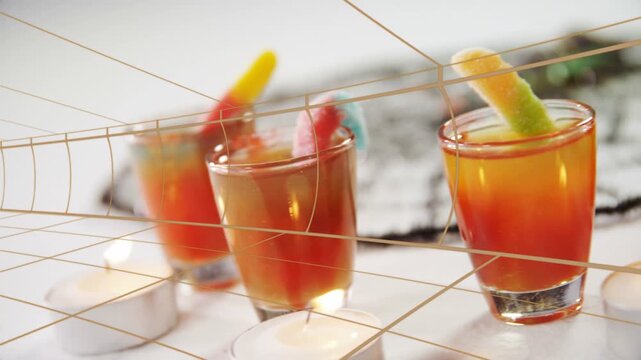 Camera starting pan, revealing row of shots, grid crossing, tealight flickering, showcasing gummies