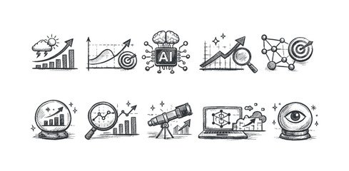 Obraz premium Collection of hand-drawn icons representing predictive analytics and business growth strategies