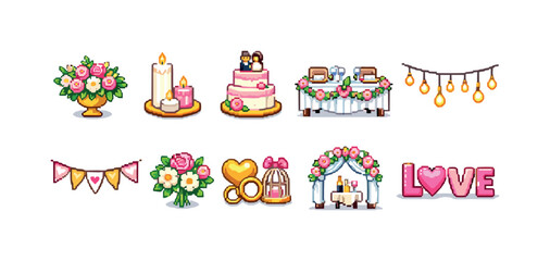 Fototapeta premium Pixel art wedding icons for celebration and romance, featuring cake and decor