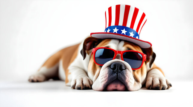 Bulldog wearing patriotic hat and sunglasses