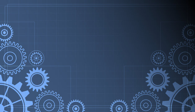 Abstract technology background with blueprint grid and interconnected gear icons, engineering, industrial automation, workflow system, mechanical process and digital transformation in modern industry