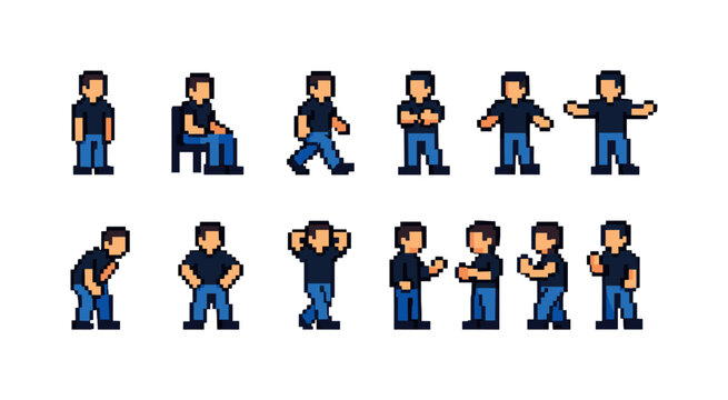 Pixel art character sprites showing various human poses and actions