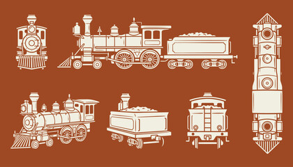 Vintage steam locomotive illustration set with multiple views © 777SKYLABS