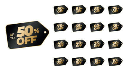 Black and gold discount tag set with percentage off. Premium sale badges collection. Luxury promotion and marketing design with 90, 85, 80, 75, 70, 65, 60, 55, 50, 45, 40, 35, 30, 25, 20, 15, 10% off.