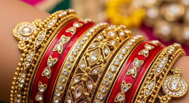 Traditional Indian gold bangles with diamonds.