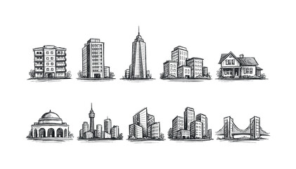 Fototapeta premium Collection of hand-drawn architectural sketches depicting various buildings and cityscapes