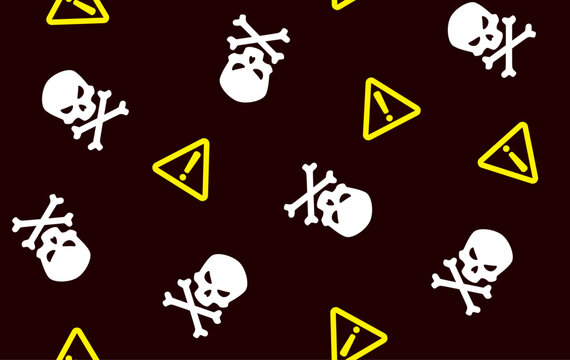 毒や警告をイメージしたドクロと注意マークの総柄シームレス背景素材 / Seamless pattern of skulls and warning signs