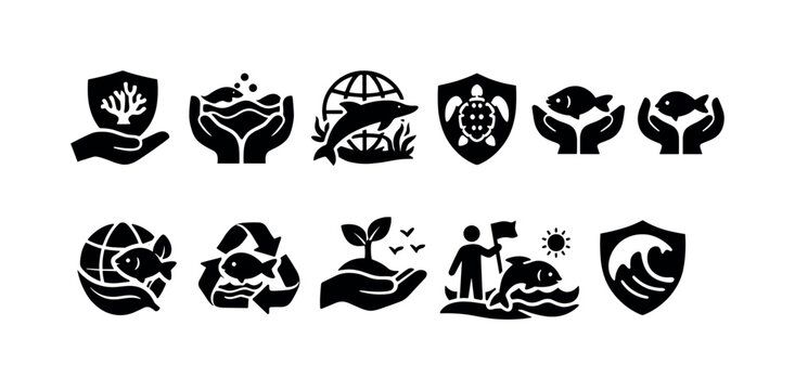Collection of environmental protection and conservation icons with marine life and nature elements