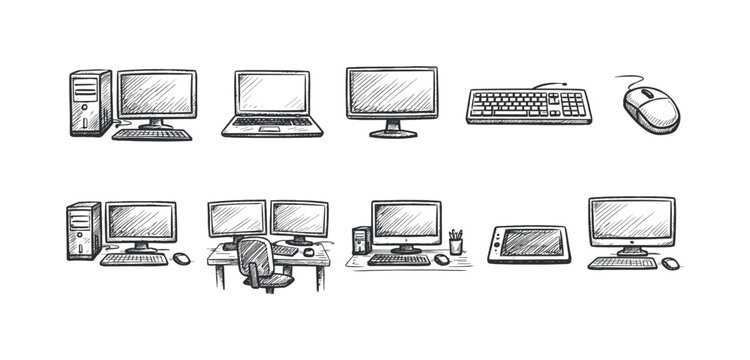 Collection of hand-drawn computer setups and peripherals in a sketch style