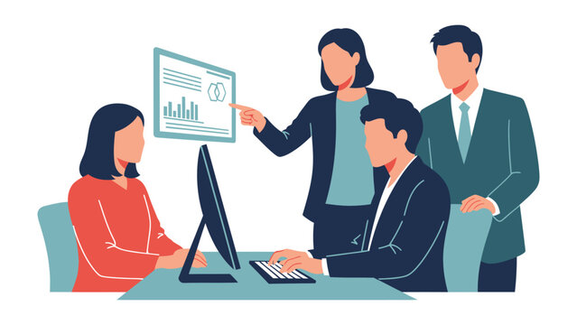 Teamwork: People in business suits are collaborating around a monitor screen. A scene that captures the essence of partnership and progress.