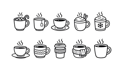 Fototapeta premium Collection of hand-drawn hot beverages in various cups and mugs for cozy winter days