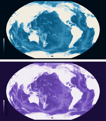 World Pacific Centered Bathymetric Ocean Depth Map - Winkel Tripel Projection - Scalable Multi-Color Seafloor Relief Topography with Depth Legend Showing Continental Shelves Mid-Ocean Ridges and © Ana Krasavina