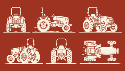 Vector set of tractor icons from different view angles on orange background © 777SKYLABS