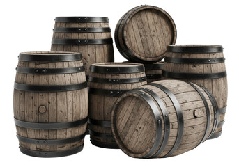 Fototapeta premium A collection of rustic dark oak barrels with iron hoops isolated on a transparent background with copy space. Concept of aging and craftsmanship