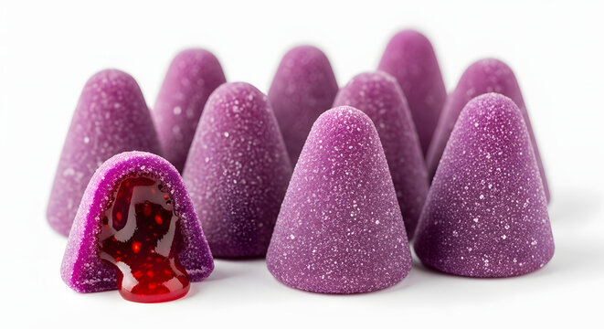 Traditional Belgian cone-shaped purple Cuberdon candies filled with sweet raspberry syrup, isolated on white. Great for candy shops