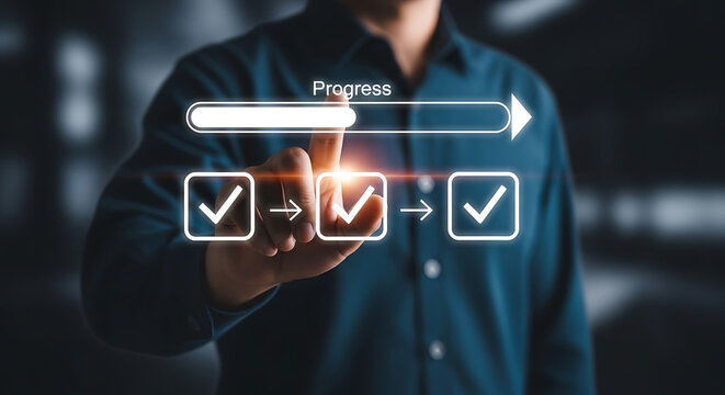 Person touching digital progress bar with checkmark icons for success